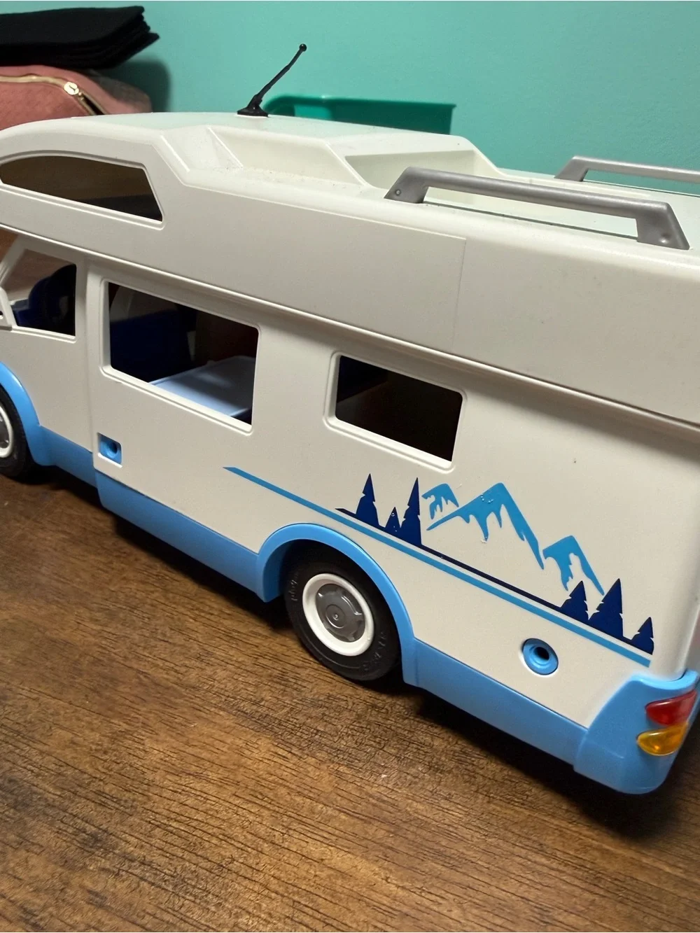 White and Blue Toy Camper with Orange Accent - Kids Vehicle Playset